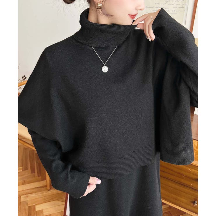 タートルネックベスト＆クルーネック長袖ニットワンピース[品番