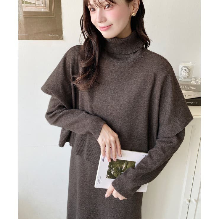 タートルネックベスト＆クルーネック長袖ニットワンピース[品番