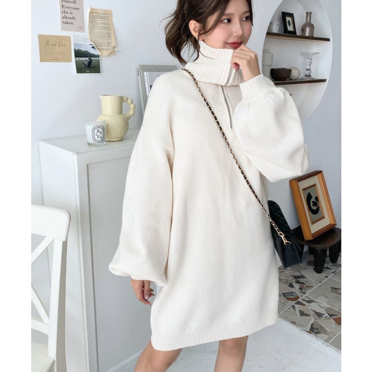 アイボリー | ハーフジップニットワンピース6G | moment+