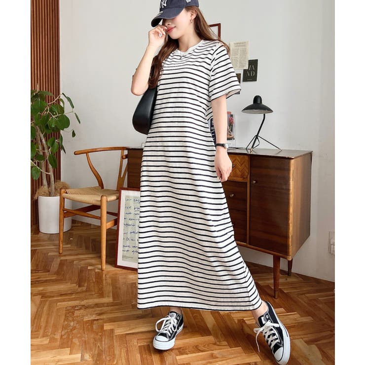 綿100％無地＆ボーダー オープンバック半袖ワンピース | moment+ | 詳細画像66 