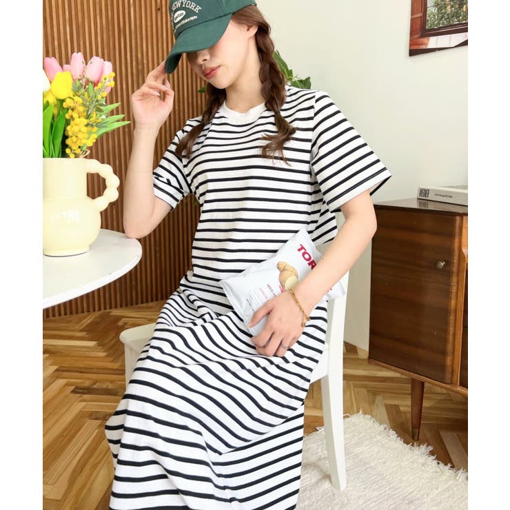 綿100％無地＆ボーダー オープンバック半袖ワンピース | moment+ | 詳細画像76 