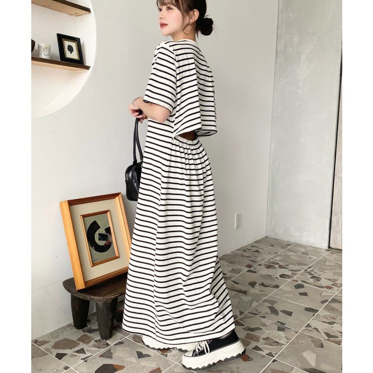 綿100％無地＆ボーダー オープンバック半袖ワンピース | moment+ | 詳細画像79 