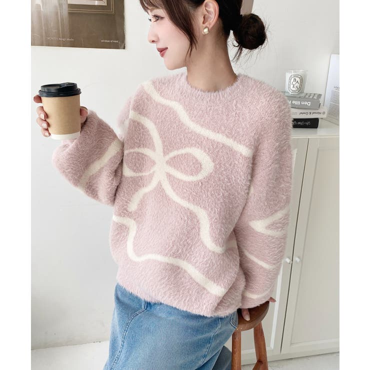 リボンラインジャガードフェザーニット長袖プルオーバー | moment+ | 詳細画像17 