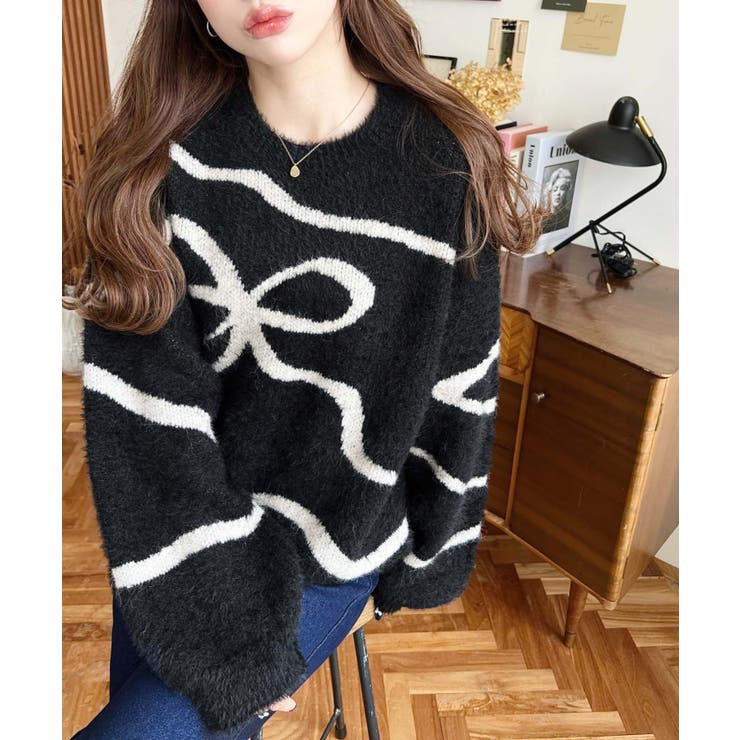 リボンラインジャガードフェザーニット長袖プルオーバー | moment+ | 詳細画像3 