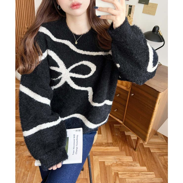 リボンラインジャガードフェザーニット長袖プルオーバー | moment+ | 詳細画像5 