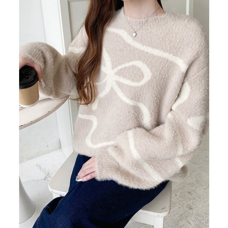 リボンラインジャガードフェザーニット長袖プルオーバー | moment+ | 詳細画像7 