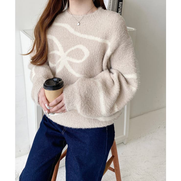 リボンラインジャガードフェザーニット長袖プルオーバー | moment+ | 詳細画像9 