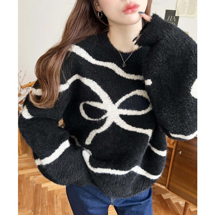 ブラック | リボンラインジャガードフェザーニット長袖プルオーバー | moment+