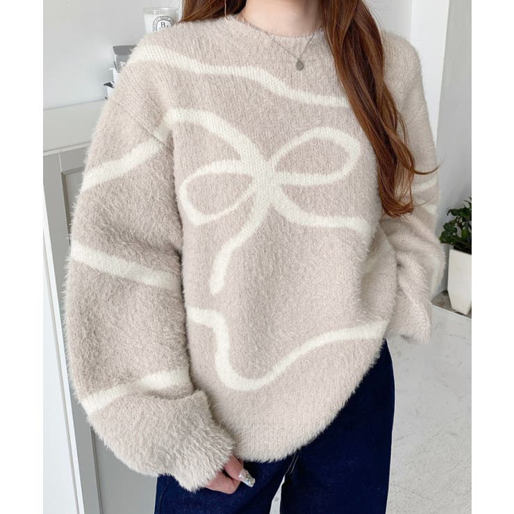 グレイッシュベージュ | リボンラインジャガードフェザーニット長袖プルオーバー | moment+