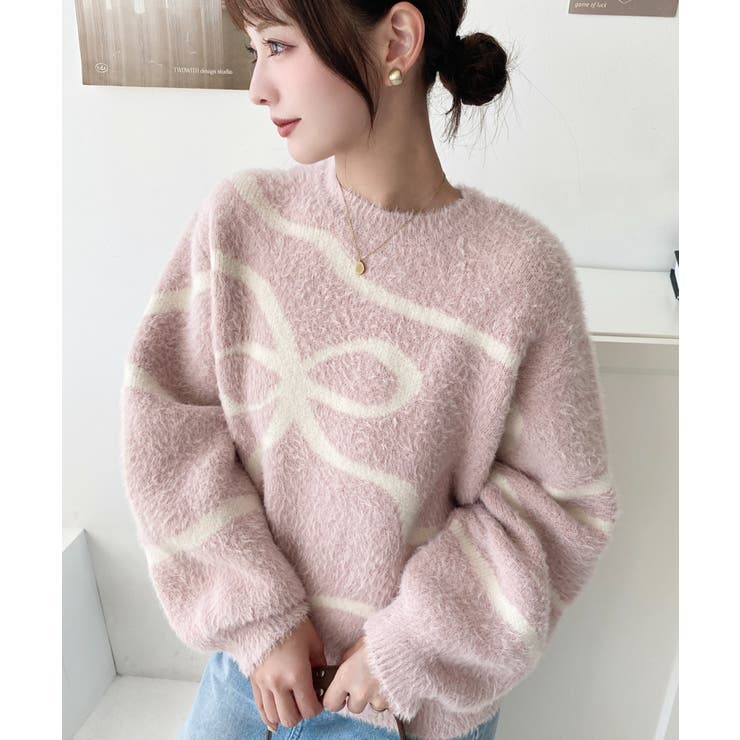 ピンク | リボンラインジャガードフェザーニット長袖プルオーバー | moment+