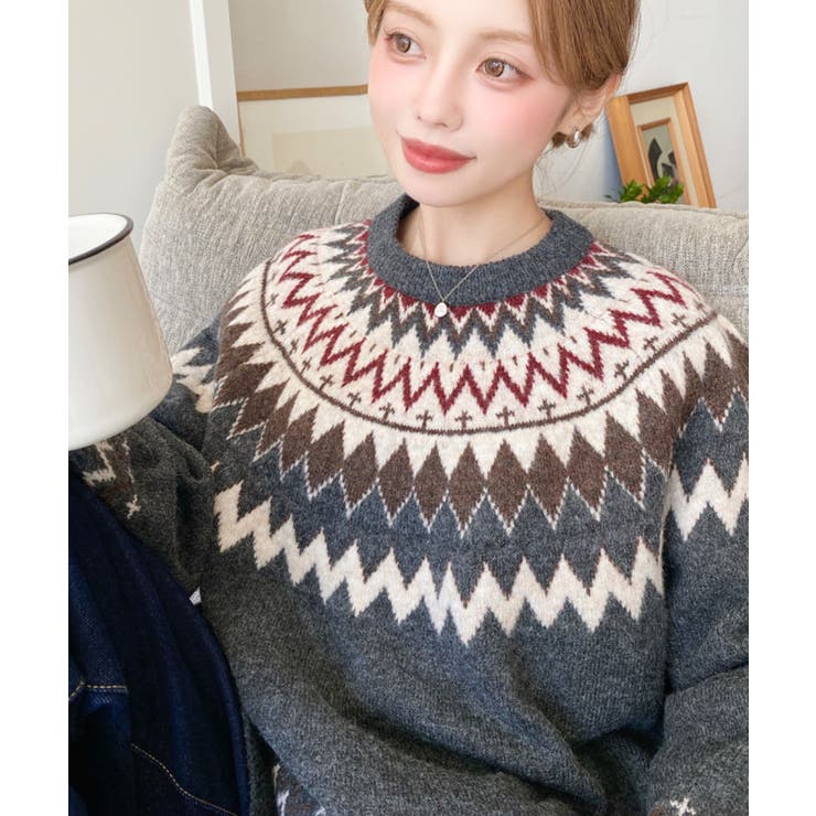 ミックスアルパカライク求心ジャガードニットプルオーバー 6G[品番