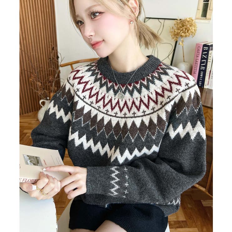 ミックスアルパカライク求心ジャガードニットプルオーバー 6G[品番