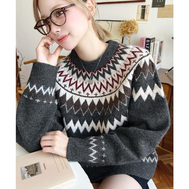 ミックスアルパカライク求心ジャガードニットプルオーバー 6G[品番