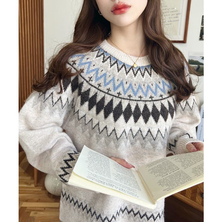 ミックスアルパカライク求心ジャガードニットプルオーバー 6G[品番