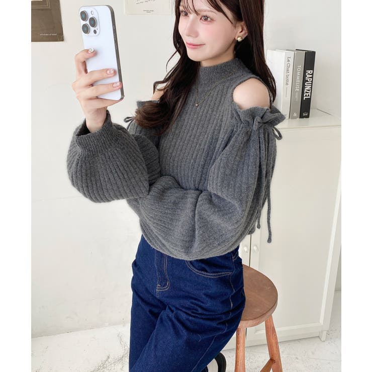 袖リボンショルダースリットニットプルオーバー[品番：ERMW0003940