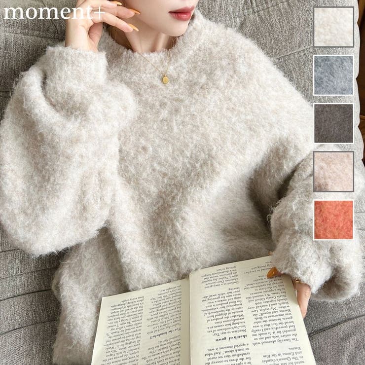 クルーネックサイドスリットブークレシャギーニットプルオーバー | moment+ | 詳細画像1 