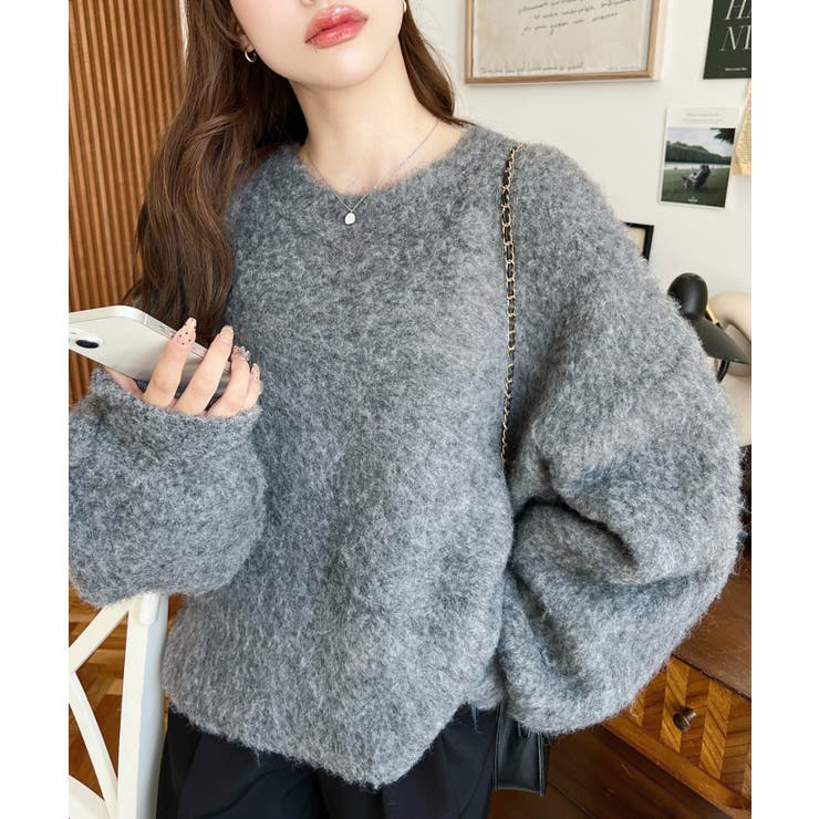 クルーネックサイドスリットブークレシャギーニットプルオーバー | moment+ | 詳細画像32 