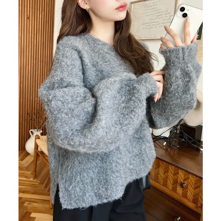 クルーネックサイドスリットブークレシャギーニットプルオーバー | moment+ | 詳細画像35 