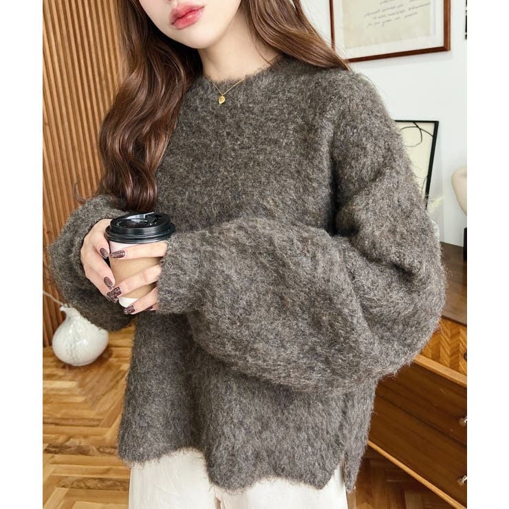 クルーネックサイドスリットブークレシャギーニットプルオーバー | moment+ | 詳細画像48 