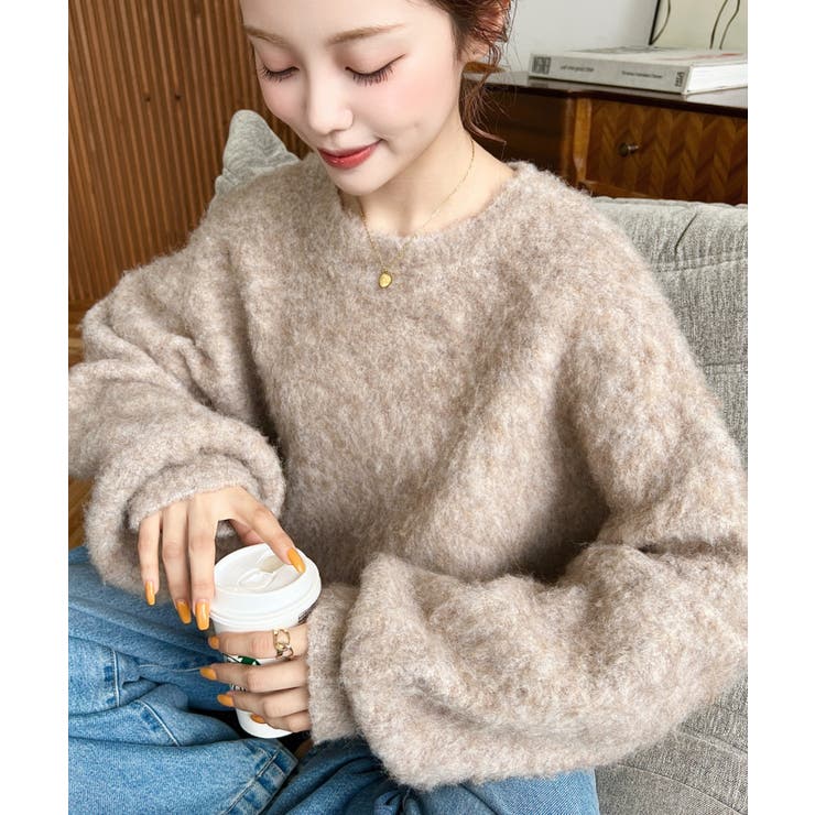 クルーネックサイドスリットブークレシャギーニットプルオーバー | moment+ | 詳細画像56 