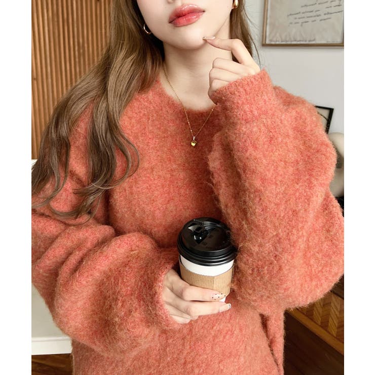 オレンジ | クルーネックサイドスリットブークレシャギーニットプルオーバー | moment+