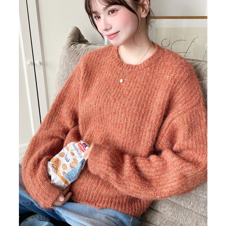 オレンジ | ざっくり畦編みMIXヤーンニットプルオーバー | moment+