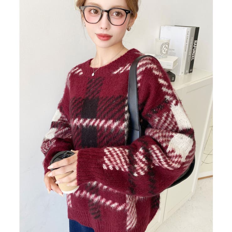 ビッグチェックジャガードシャギーニットプルオーバー[品番