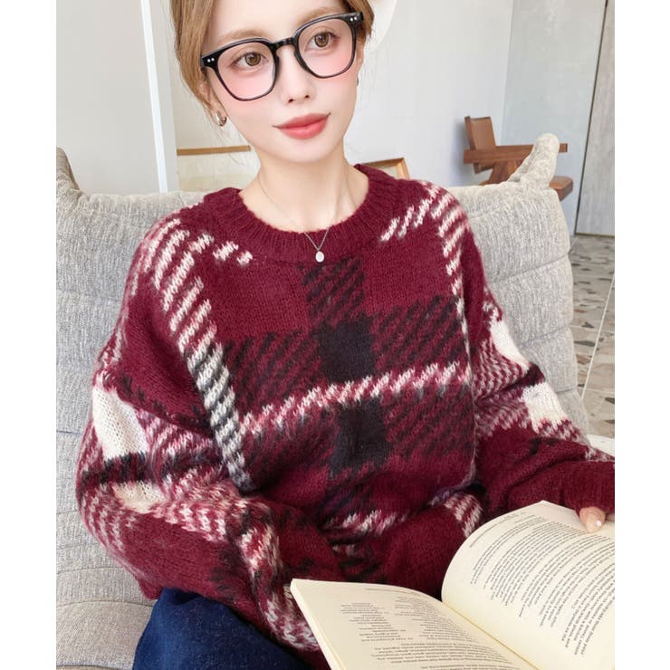 mideal チェックシャギーニットプルオーバー レッド mideal（マイディール）の「check shaggy knit pullover / チェック