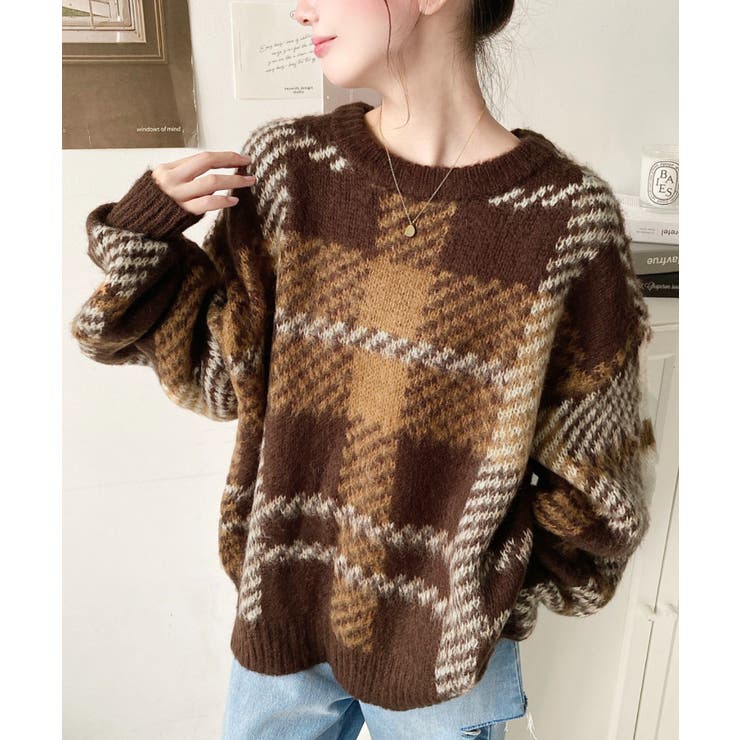 ビッグチェックジャガードシャギーニットプルオーバー[品番