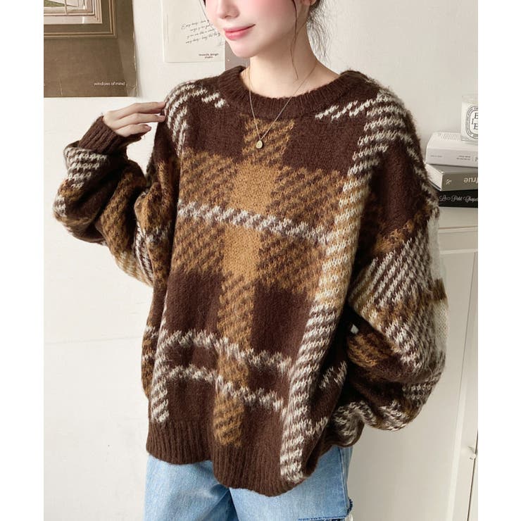 ビッグチェックジャガードシャギーニットプルオーバー[品番