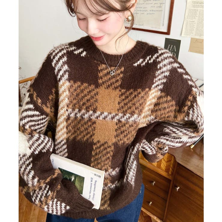 ビッグチェックジャガードシャギーニットプルオーバー[品番