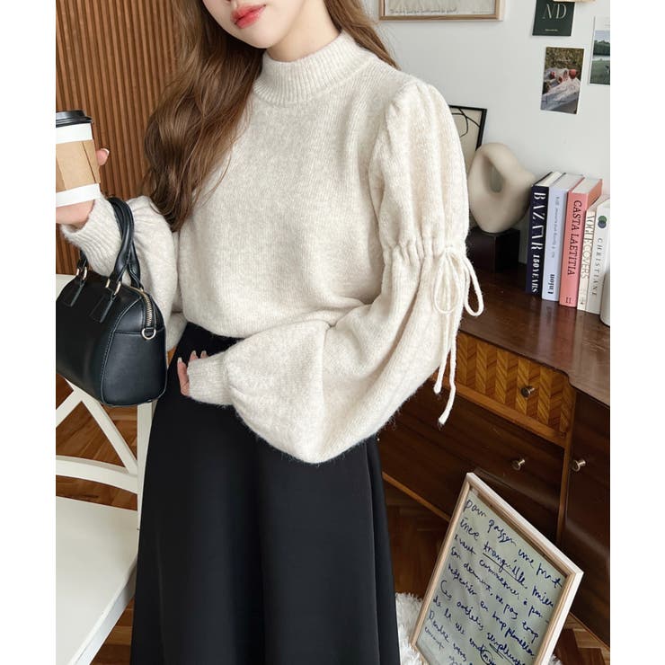 ボトルネックキャンディショルダーボリュームスリーブミックスニットプルオーバー | moment+ | 詳細画像37 