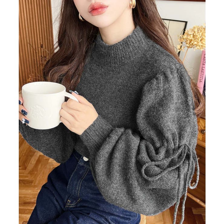 チャコールグレー | ボトルネックキャンディショルダーボリュームスリーブミックスニットプルオーバー | moment+