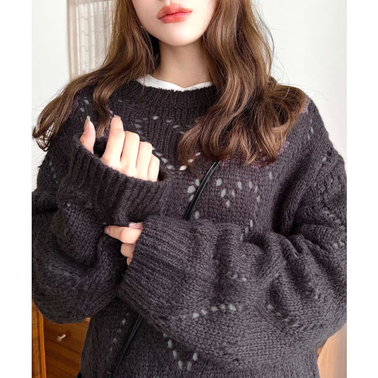 モヘア混ハート柄透かし編みニットプルオーバー[品番