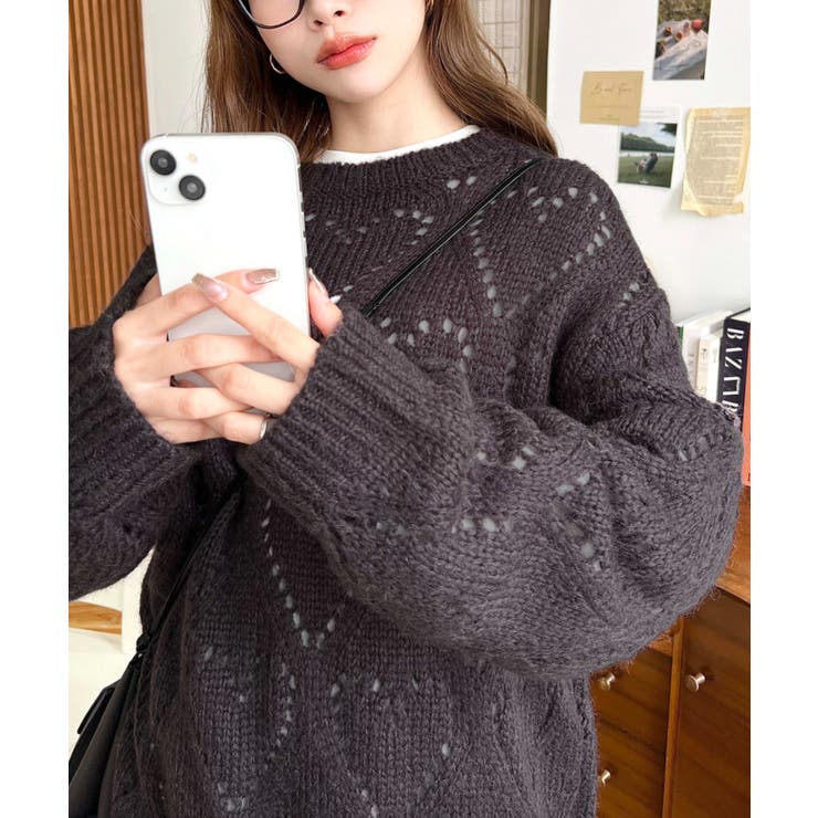 モヘア混ハート柄透かし編みニットプルオーバー[品番