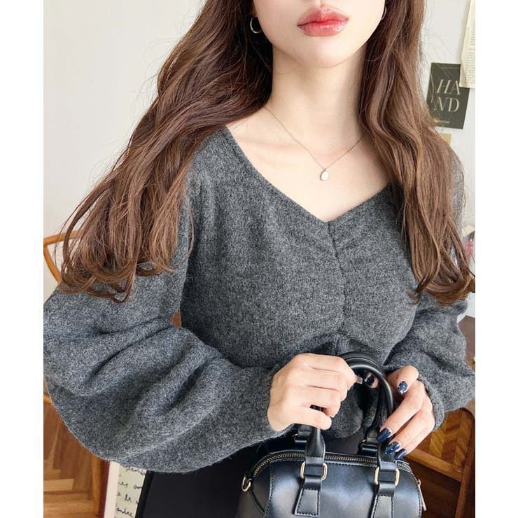 チャコールグレー | アルパカライクフロントシャーリングミックスニットプルオーバー | moment+