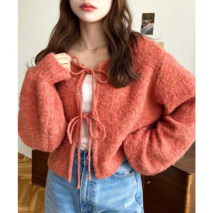 オレンジ | 前後2WAYブークレニットリボンカーディガン | moment+