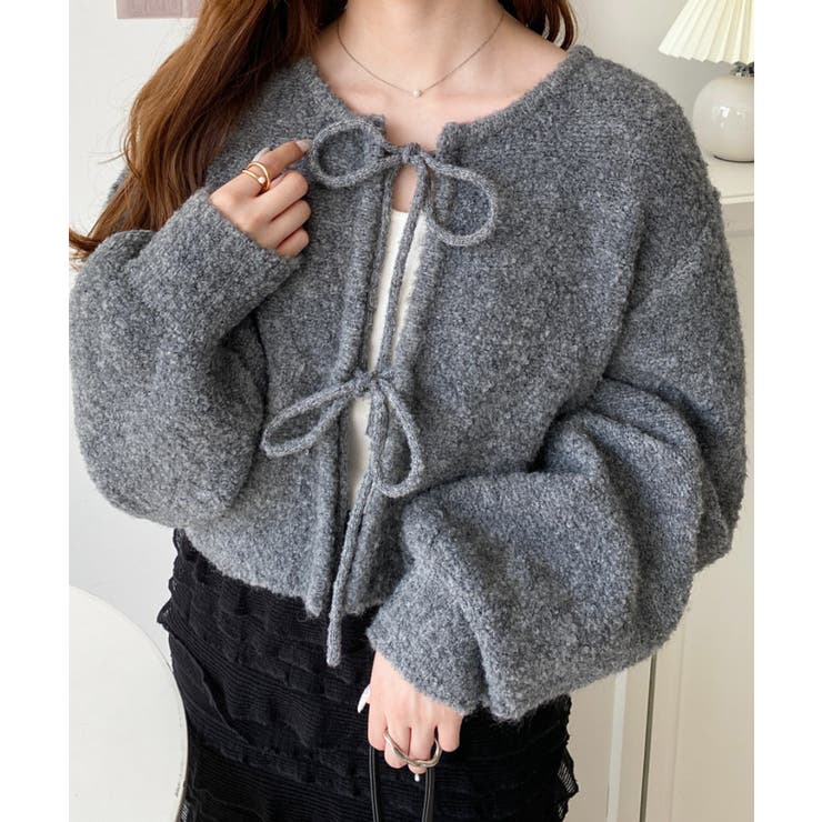 チャコールグレー | 前後2WAYブークレニットリボンカーディガン | moment+