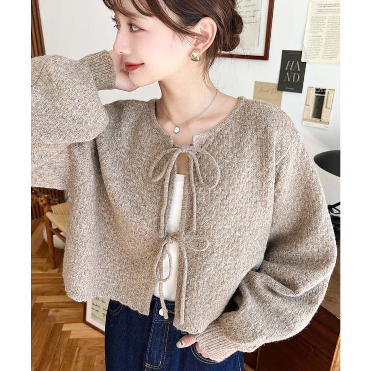 前後2WAYポップコーン編みスカラップリボンミックスニットカーディガン | moment+ | 詳細画像15 