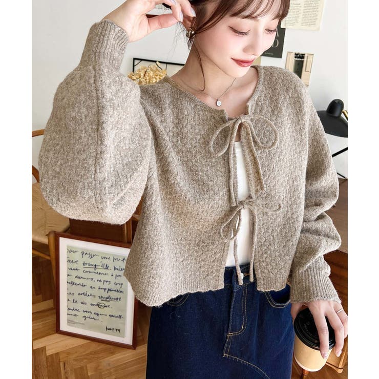 前後2WAYポップコーン編みスカラップリボンミックスニットカーディガン | moment+ | 詳細画像16 