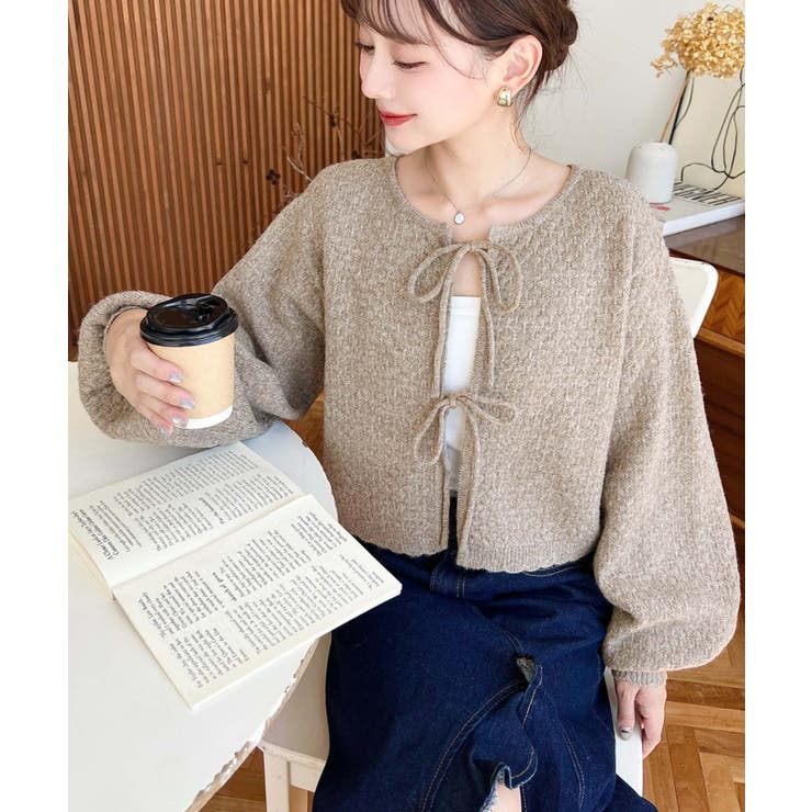 前後2WAYポップコーン編みスカラップリボンミックスニットカーディガン | moment+ | 詳細画像17 