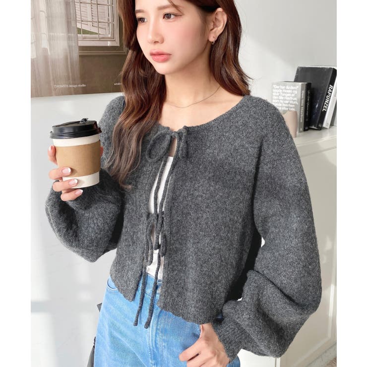 前後2WAYポップコーン編みスカラップリボンミックスニットカーディガン | moment+ | 詳細画像2 