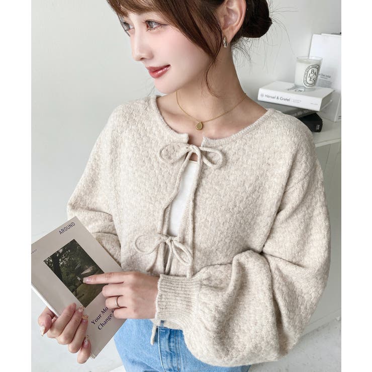 前後2WAYポップコーン編みスカラップリボンミックスニットカーディガン | moment+ | 詳細画像23 