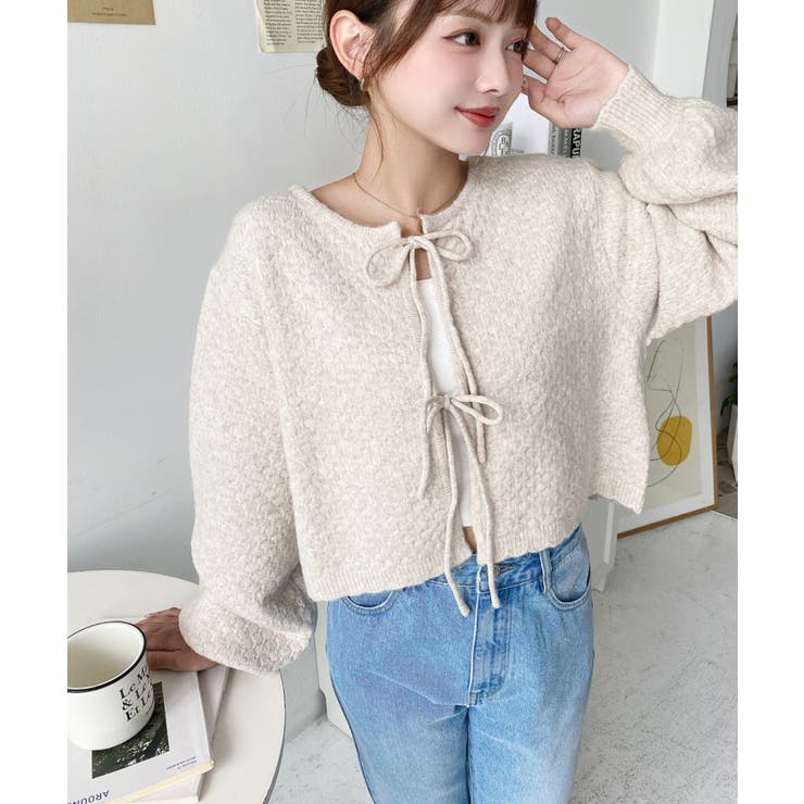 前後2WAYポップコーン編みスカラップリボンミックスニットカーディガン | moment+ | 詳細画像24 