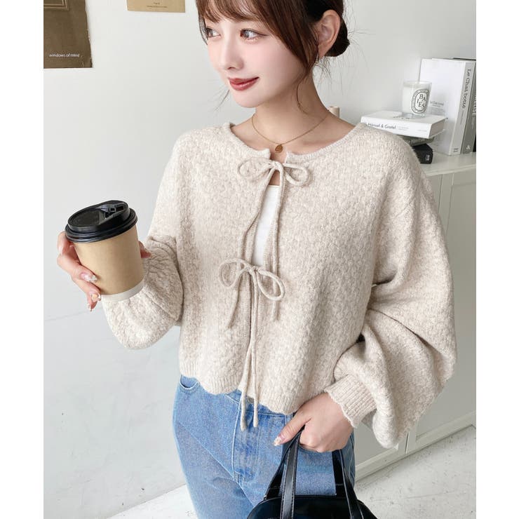 前後2WAYポップコーン編みスカラップリボンミックスニットカーディガン | moment+ | 詳細画像25 