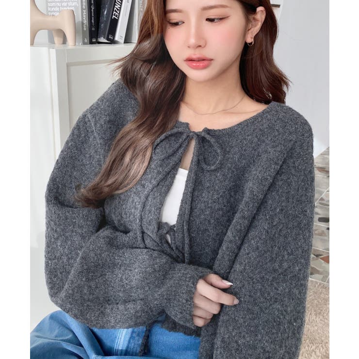 前後2WAYポップコーン編みスカラップリボンミックスニットカーディガン | moment+ | 詳細画像3 