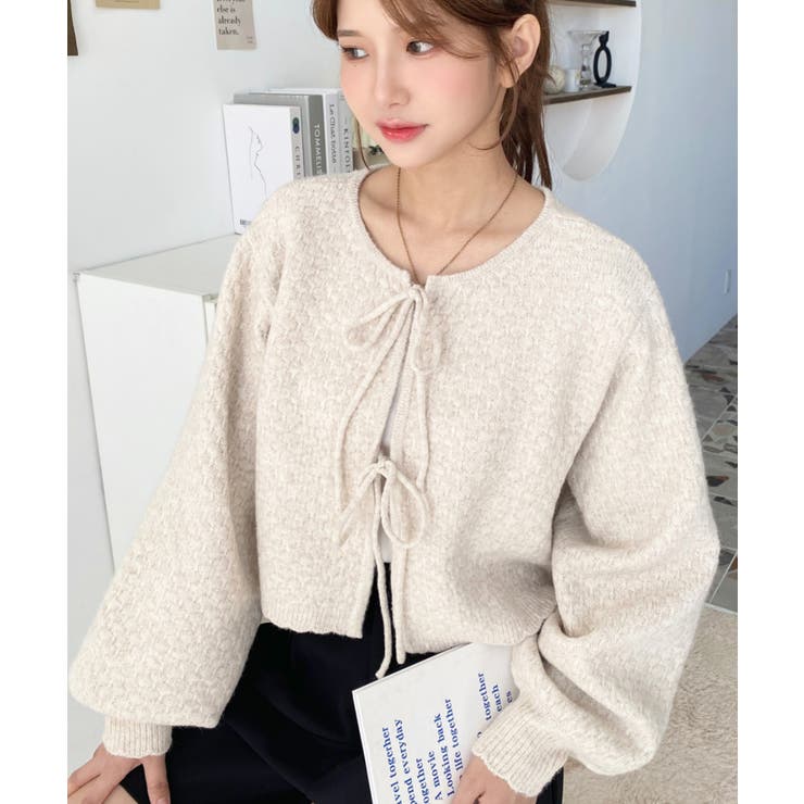 前後2WAYポップコーン編みスカラップリボンミックスニットカーディガン | moment+ | 詳細画像33 