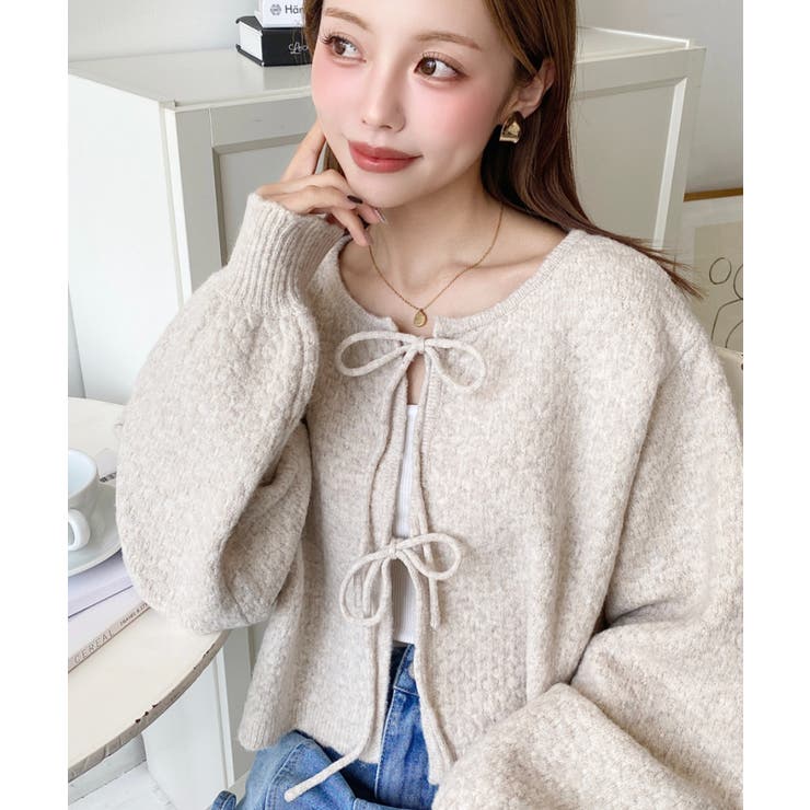 前後2WAYポップコーン編みスカラップリボンミックスニットカーディガン | moment+ | 詳細画像36 