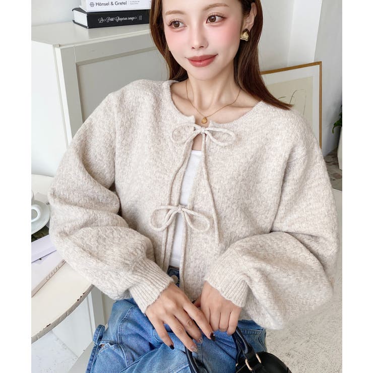 前後2WAYポップコーン編みスカラップリボンミックスニットカーディガン | moment+ | 詳細画像37 