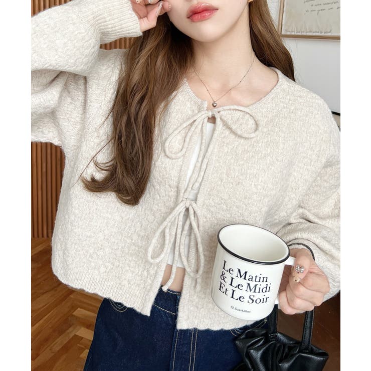 ナチュラル | 前後2WAYポップコーン編みスカラップリボンミックスニットカーディガン | moment+